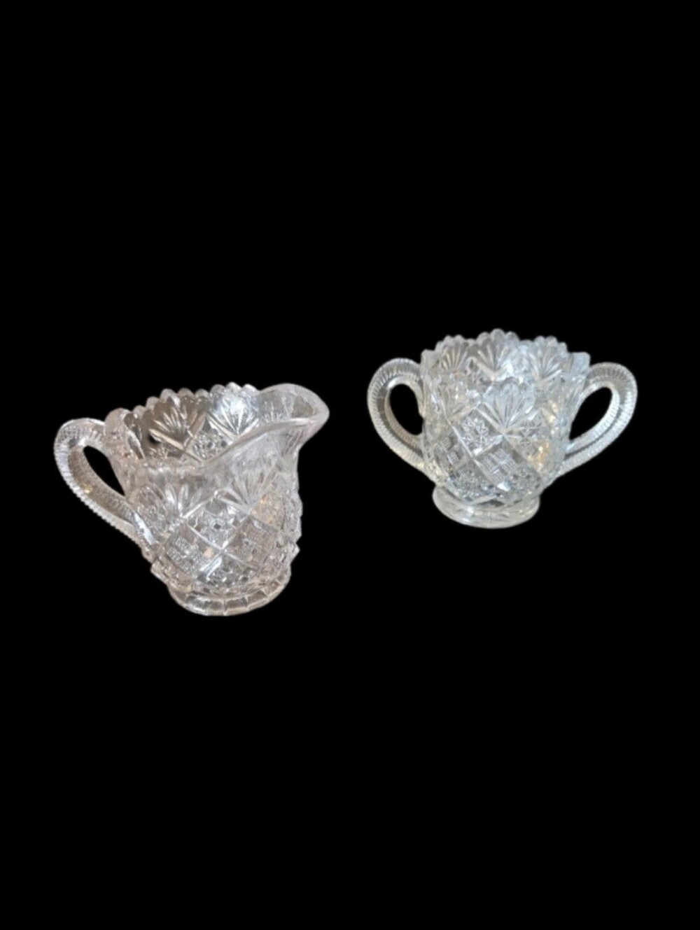 Antique EAPG Mini Creamer & Open Sugar Bowl Set c.1900 Diamond Fan Pattern